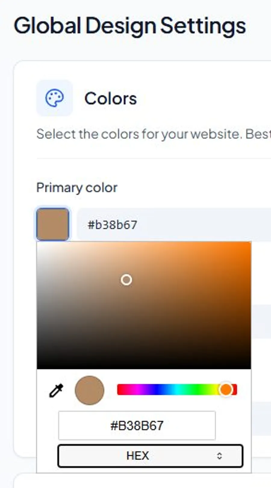 InboundSavvy color picker showing the primary color #B38B67 Terracotta being entered via the hex input field