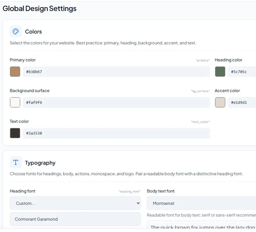 InboundSavvy Global Design Settings showing Cormorant Garamond set as the custom heading font and Montserrat as the body text font, with a live font preview below each selector