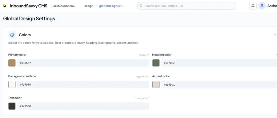 InboundSavvy Global Design Settings showing the five color fields filled with the AI-generated palette: primary #b38b67, heading #5c705c, background #faf9f6, accent #e1d9d1, text #3a3530