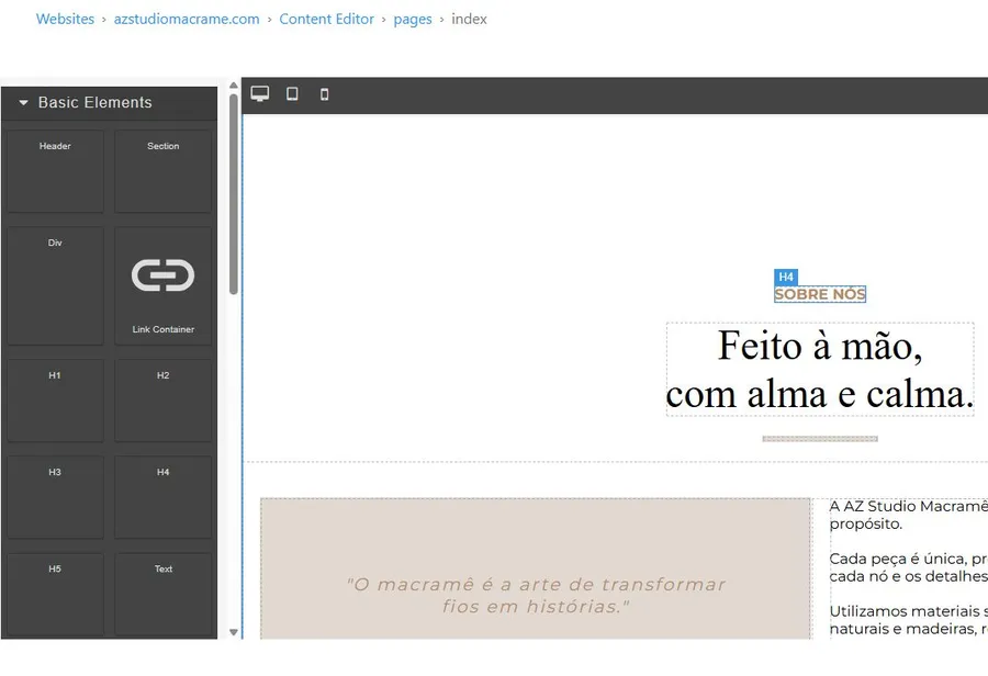 InboundSavvy Content Editor showing an H4 heading SOBRE NOS selected in the editor panel, demonstrating that each heading automatically becomes a hash anchor for section navigation