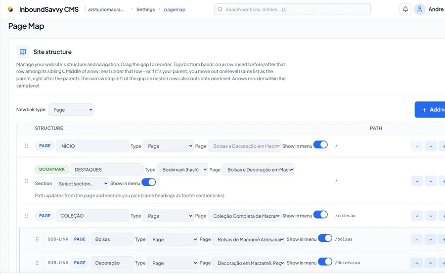 InboundSavvy Page Map showing the navigation structure: INICIO home page, DESTAQUES hash bookmark that scrolls to a section, and COLECAO with sub-links for Bolsas and Decoracao