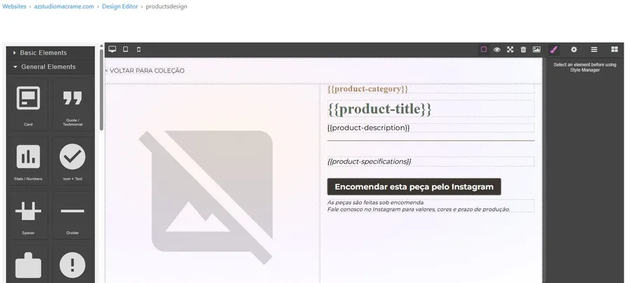 InboundSavvy Design Editor showing the product page template with dynamic placeholders for product category, title, description, specifications, and an Encomendar esta peca pelo Instagram CTA button