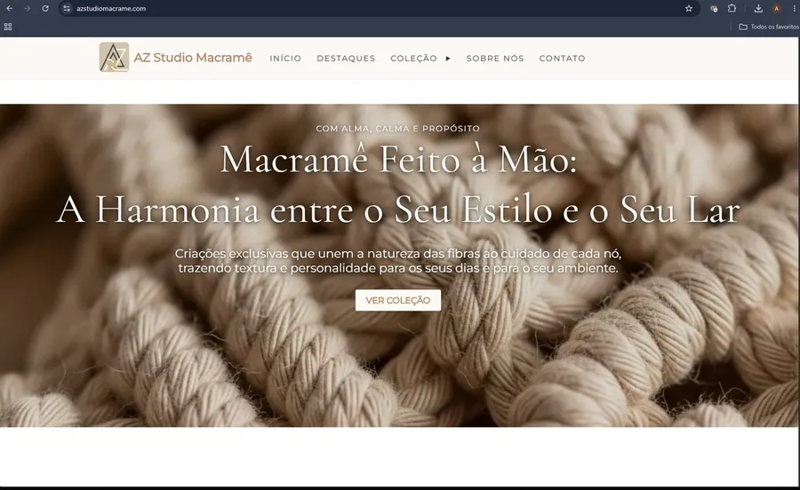 The finished AZ Studio Macramê website showing the macramê rope hero image with the headline Macramê Feito à Mão: A Harmonia entre o Seu Estilo e o Seu Lar