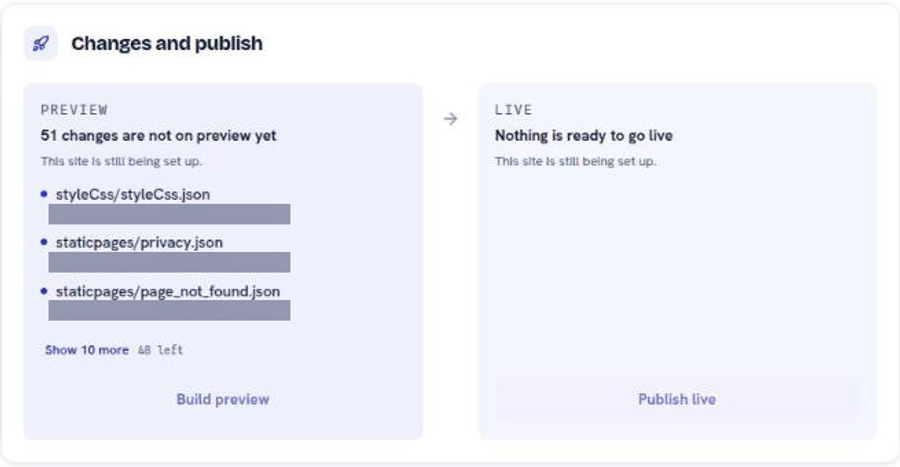The Changes and publish panel, with pending changes listed on the preview side and nothing ready to go live