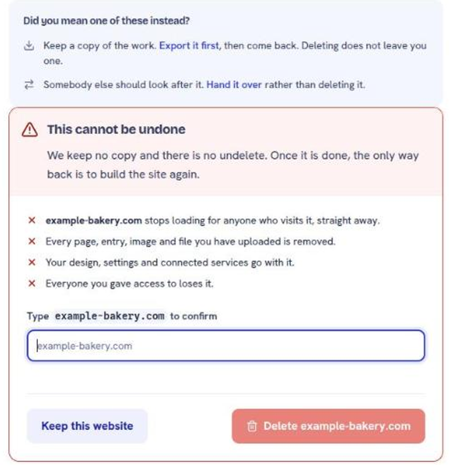 The delete confirmation, offering Export first and Hand it over, listing what will be lost, and requiring the domain to be typed