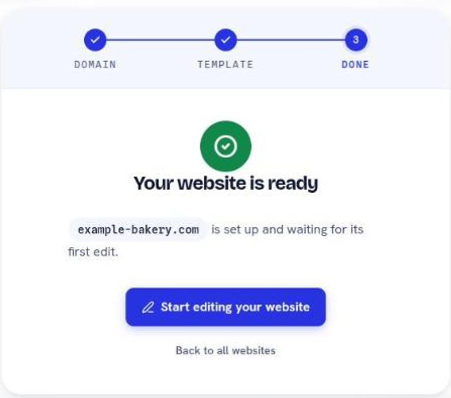 The final wizard step confirming the website is ready