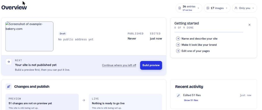 The Overview of a newly created site, with a status banner, a Getting started checklist, and a changes summary