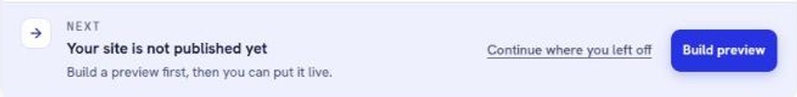 The Overview banner reading Your site is not published yet, with a Build preview button