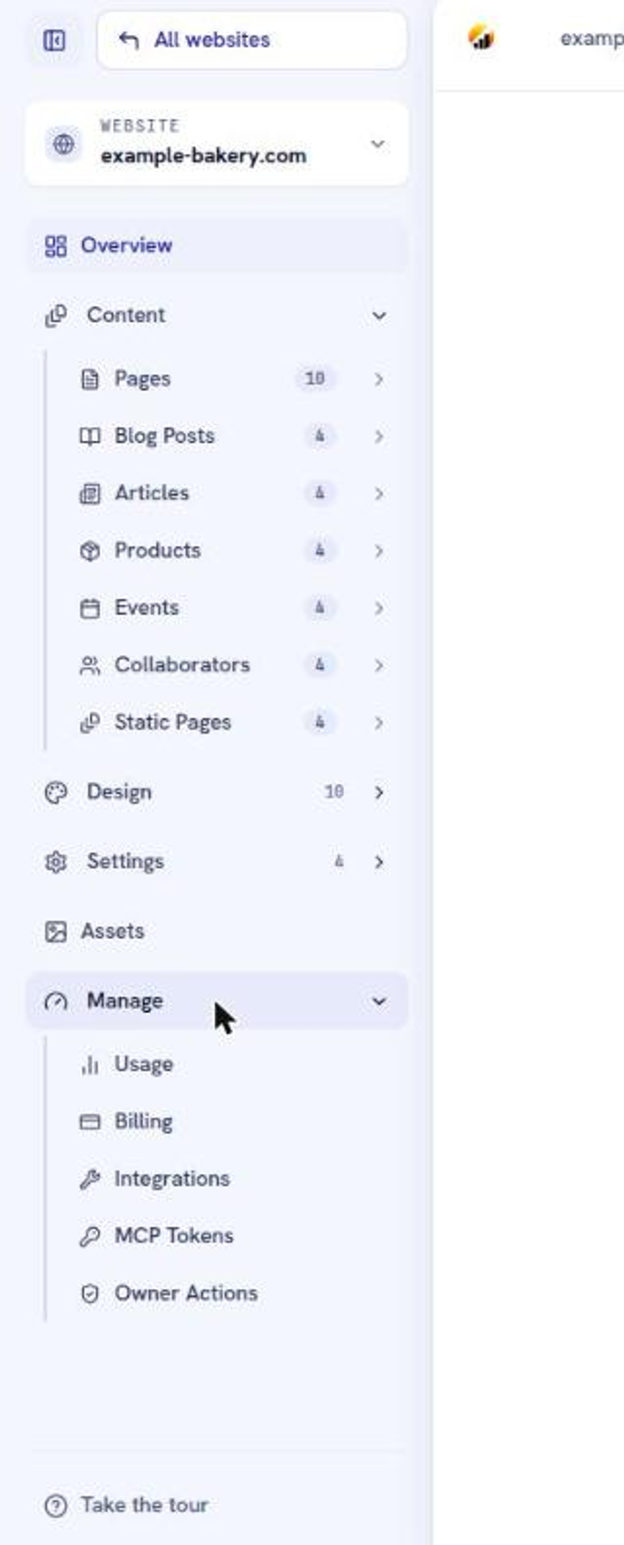 The Console sidebar showing Overview, Content, Design, Settings, Assets and Manage