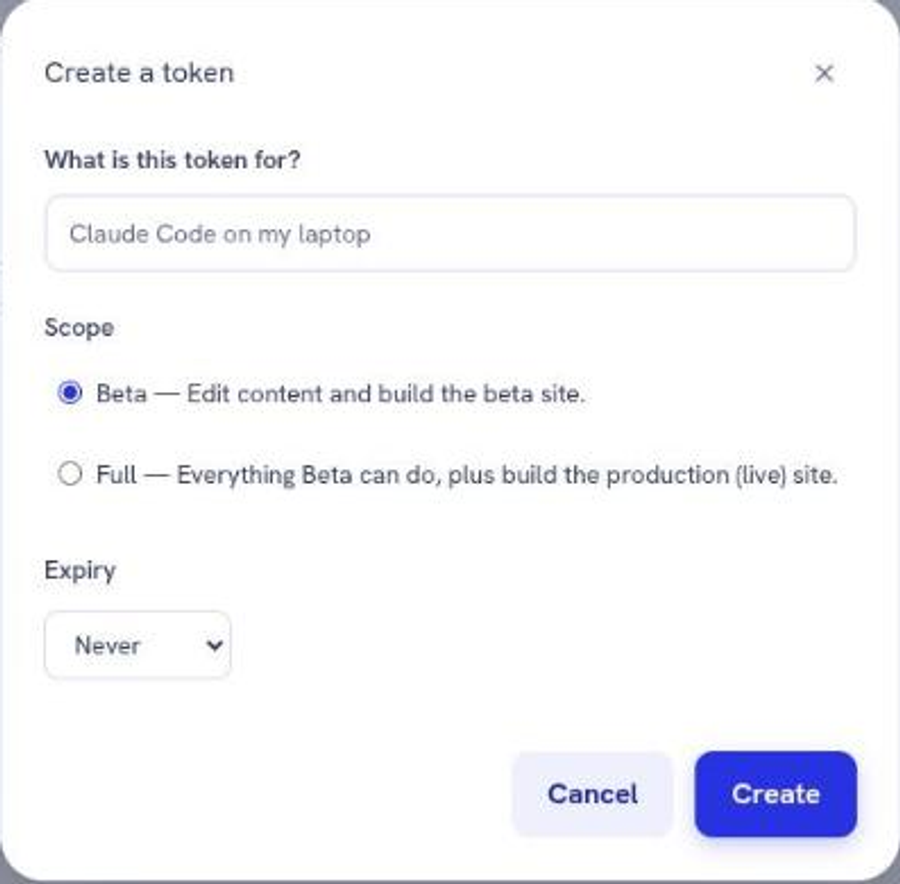 The Create a token dialog, with a name field, two scope options and an expiry dropdown