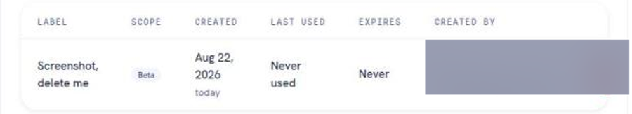 The token table, showing label, scope, created, last used, expires and created by