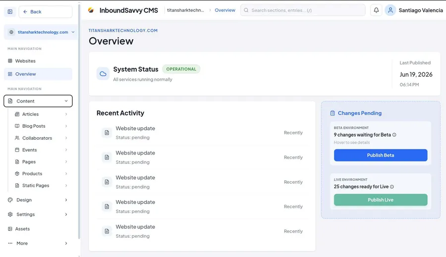 The InboundSavvy console dashboard where you build and publish your site