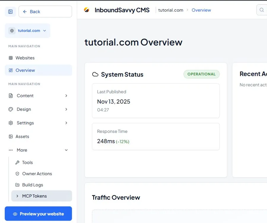 InboundSavvy CMS sidebar with the More menu expanded, showing MCP Tokens as a clickable option at the bottom