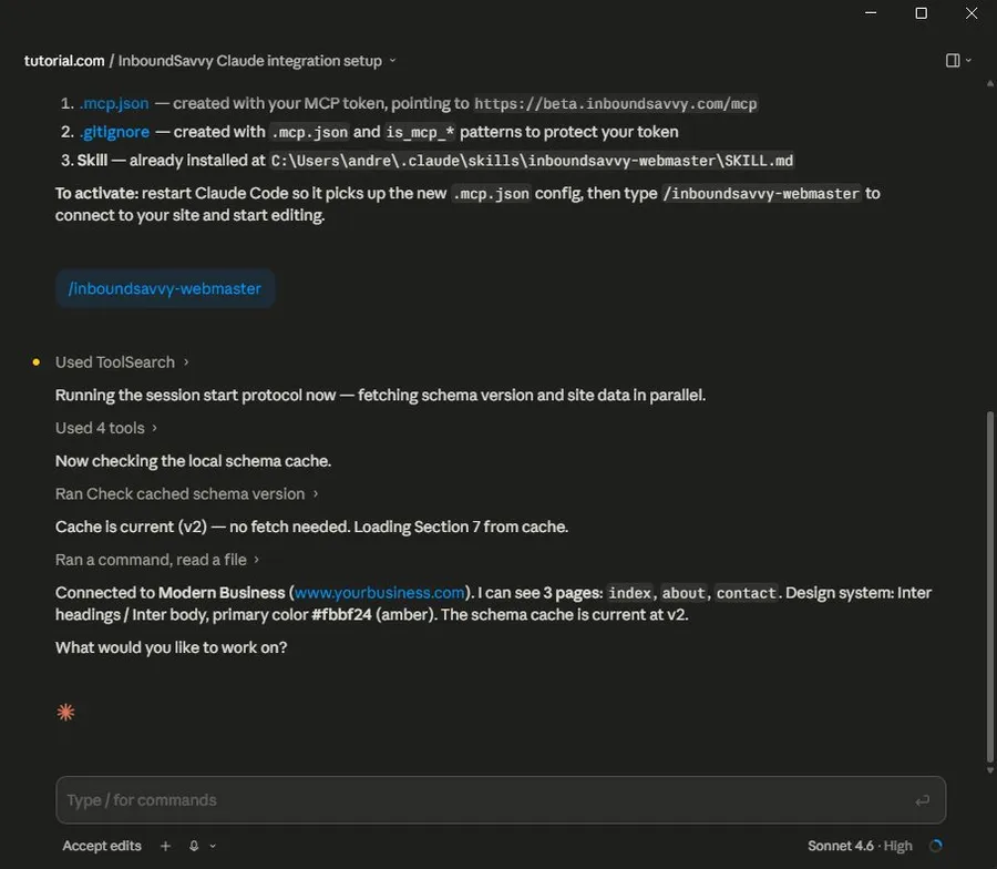 Claude Code showing the Connected announcement with the site name, URL, list of pages, design system fonts and primary color, and the question: What would you like to work on?