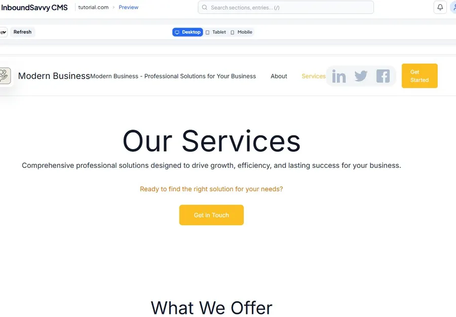 InboundSavvy CMS preview showing a newly AI-generated Services page with the headline Our Services, a Get in Touch CTA button, and the What We Offer section below