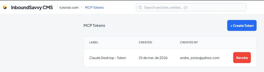 InboundSavvy MCP Tokens list showing a token labeled Claude Desktop - Token with creation date and a red Revoke button