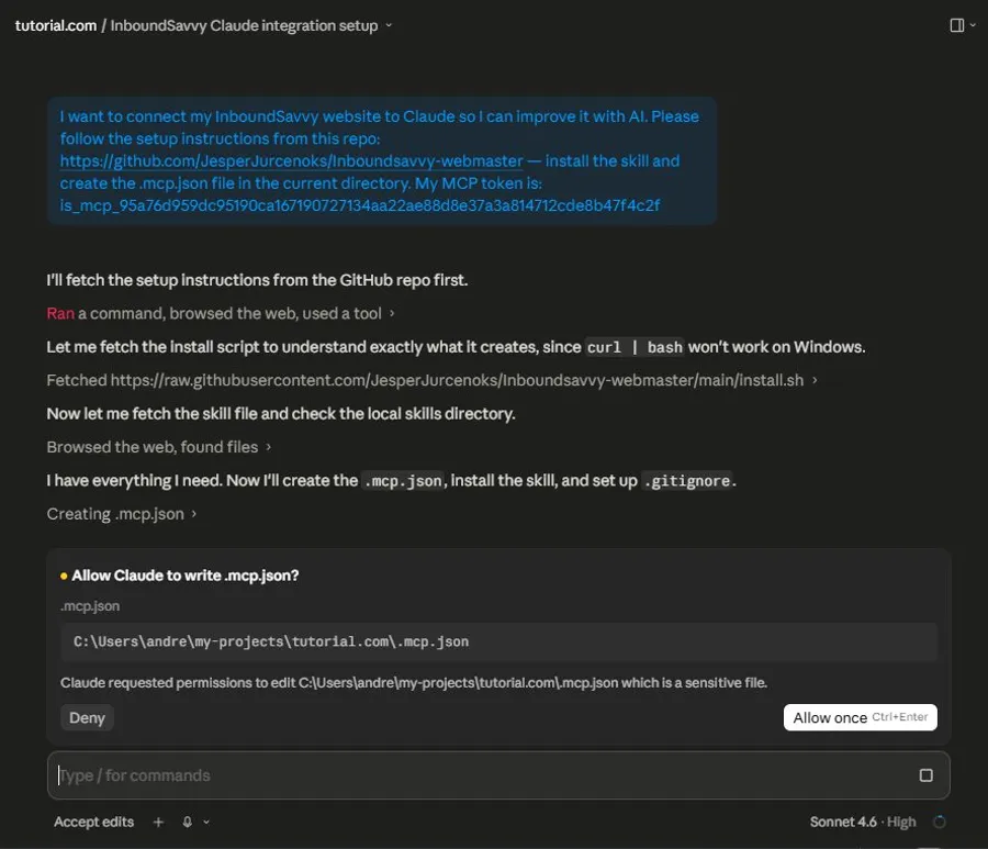 Claude Code permission dialog asking: Allow Claude to write .mcp.json? — showing the file path with Deny and Allow once buttons