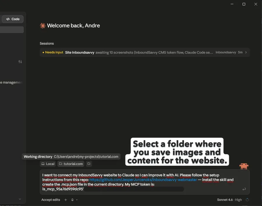 Claude Code welcome screen showing the magic setup prompt typed in the input box, with the working directory set to the tutorial.com website folder and a callout bubble saying: Select a folder where you save images and content for the website