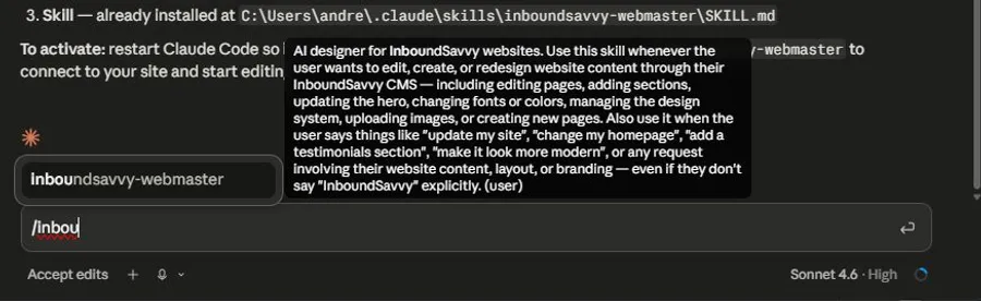 Claude Code prompt box with /inbou typed, showing the inboundsavvy-webmaster autocomplete suggestion with a tooltip description of the skill