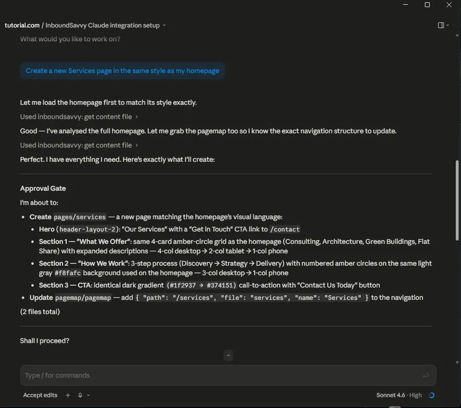 Claude Code showing the user prompt: Create a new Services page in the same style as my homepage — followed by Claude's Approval Gate listing exactly what it plans to create including hero, three content sections, and a pagemap update
