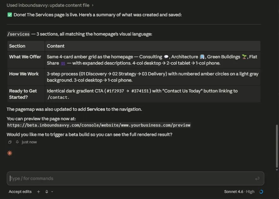 Claude Code showing the completed Services page confirmation with a summary table of three sections created, noting the pagemap was updated and providing a preview URL