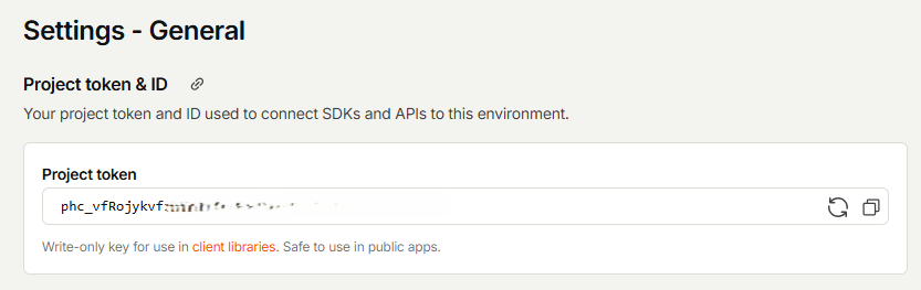 The Project API Token field in PostHog, showing a token that starts with phc_