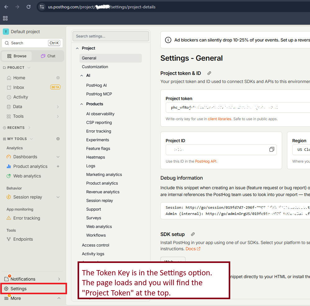 PostHog Settings screen with the Project section selected in the sidebar