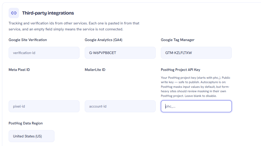 InboundSavvy Global Site Settings, with the PostHog token and data region filled in
