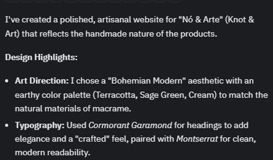Replit AI explaining its design choices: Bohemian Modern aesthetic, typography rationale, and color palette logic for the macramê website