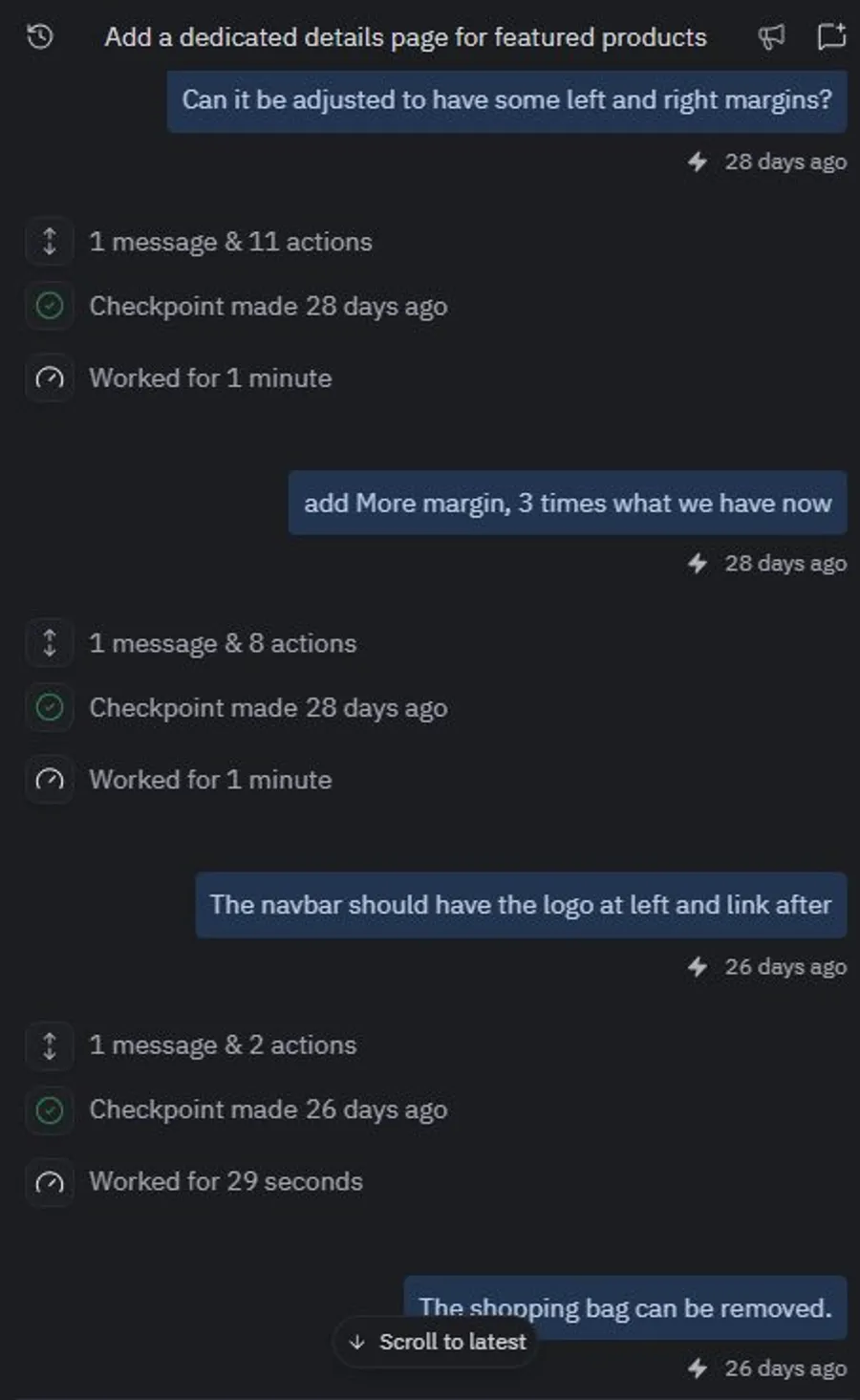 Chat history showing non-technical layout feedback prompts sent to Replit AI: adjusting margins, moving the navbar logo to the left, removing the shopping bag icon