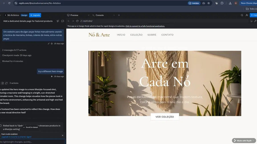 Replit AI generating the initial website concept from a simple Portuguese prompt, showing the Bohemian Modern macramê studio design with the Arte em Cada Nó hero