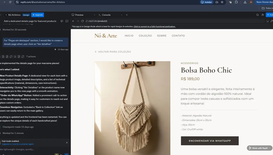 Replit AI showing the finished product details page prototype with product image, title, price in BRL, description, material specs, and a WhatsApp CTA button