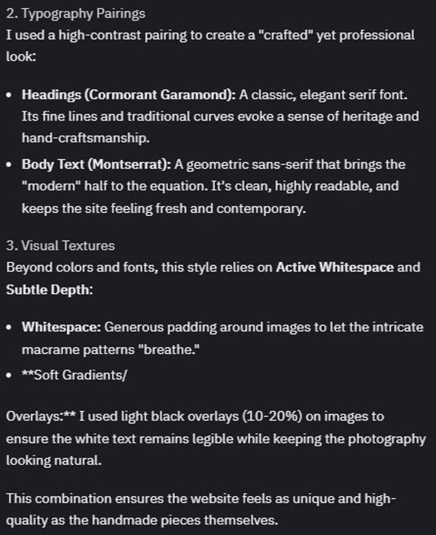 AI explaining the typography pairing for the Bohemian Modern aesthetic: Cormorant Garamond for headings with a heritage hand-crafted feel, and Montserrat for body text with a clean modern readability
