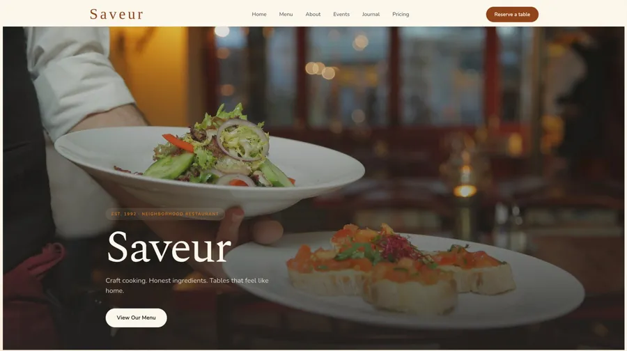 A restaurant website built and published with InboundSavvy